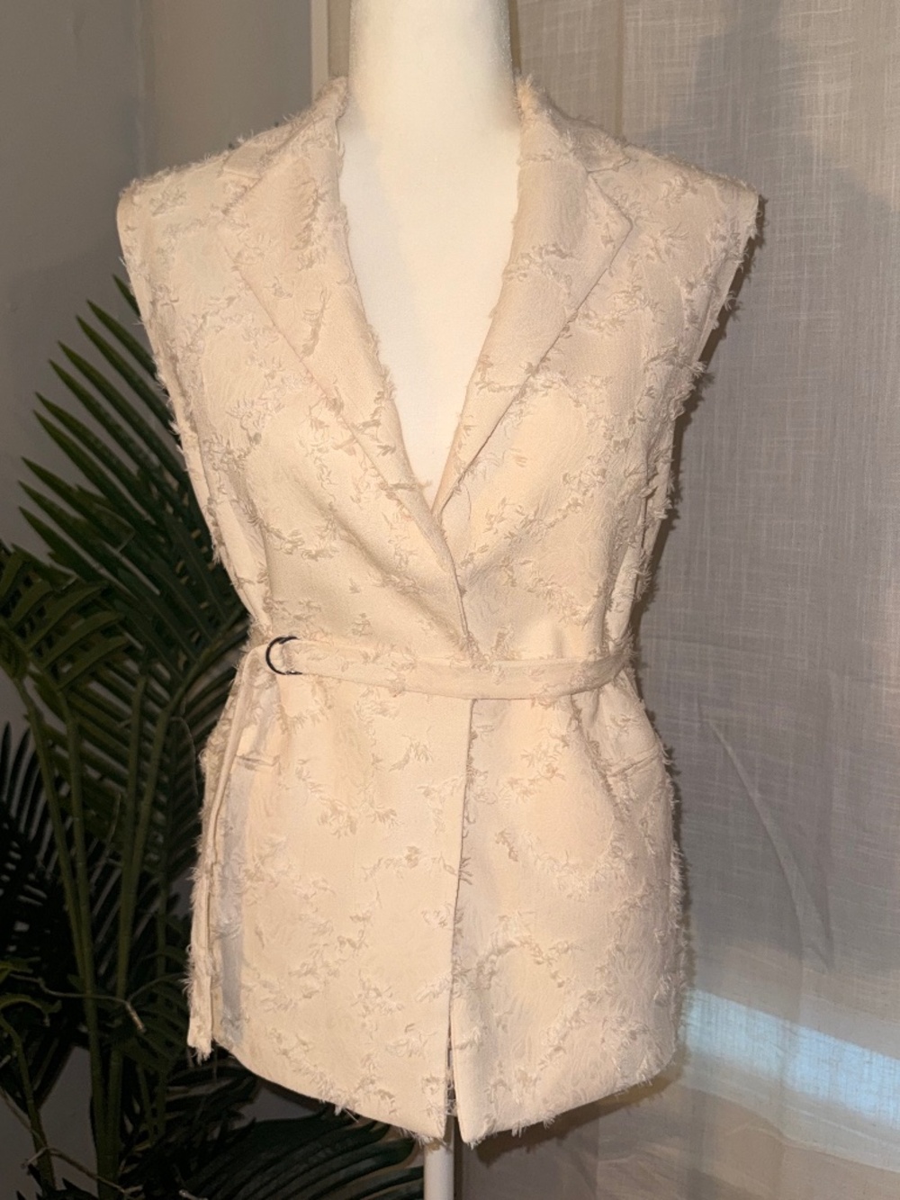 MANGO Cream Textured Fringed Belted Vest XS